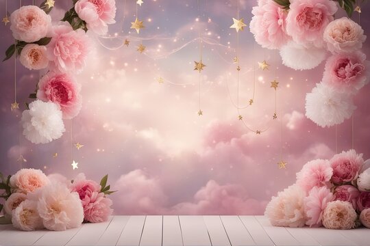 Peony Baby Digital Backdrop Photography Background Cake Smash Pastel Pink Backdrop Balloons Overlays Floral Baby Shoots Birthday Party Prop