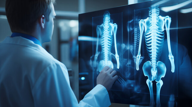 Orthopedic surgeon doctor examining patient's knee joint x-ray films, MRI bone, CT scan in the radiology orthopedic unit, hospital background knee joint film x-ray