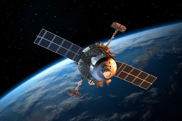3D rendering of satellite in space for aerospace and communications. Generative AI