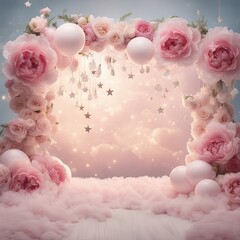Peony Baby Digital Backdrop Photography Background Cake Smash Pastel Pink Backdrop Balloons Overlays Floral Baby Shoots Birthday Party Prop