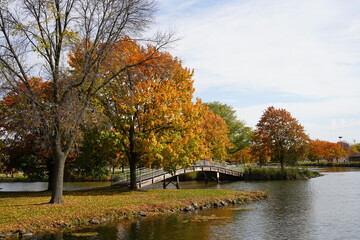 Fototapeta premium Fall autumn season at Fond du Lac Lakeside Park. 
