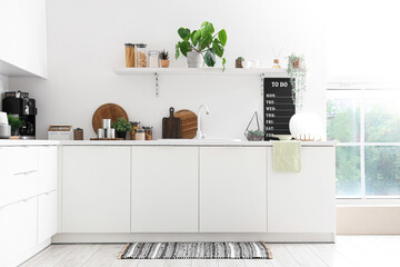 White counters with sink, houseplants and utensils in interior of modern kitchen