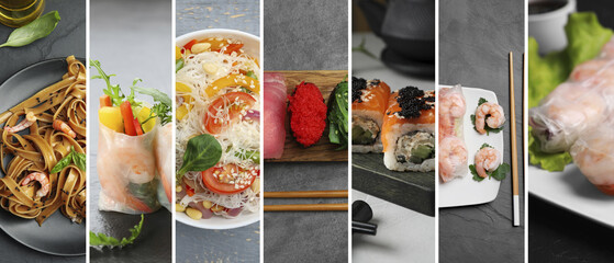 Different tasty Asian dishes. Collage with sushi, rolls and others