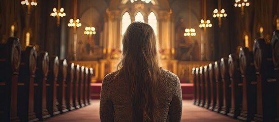Female in Catholic place of worship engaged in prayer
