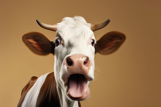 Funny surprised cow studio shot isolated bright color background