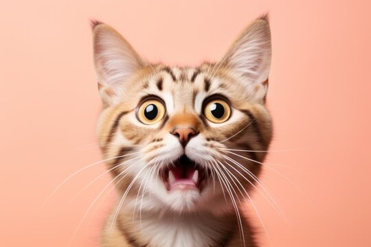 Funny surprised cat studio shot isolated bright color background