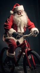 9:16 Photography Big muscular Santa Claus is Riding a bicycle to deliver gifts on Christmas Day.generative ai