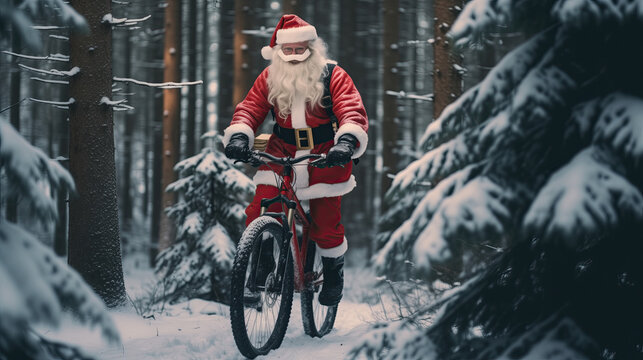 16:9 Photography Big muscular Santa Claus is Riding a bicycle to deliver gifts on Christmas Day.generative ai
