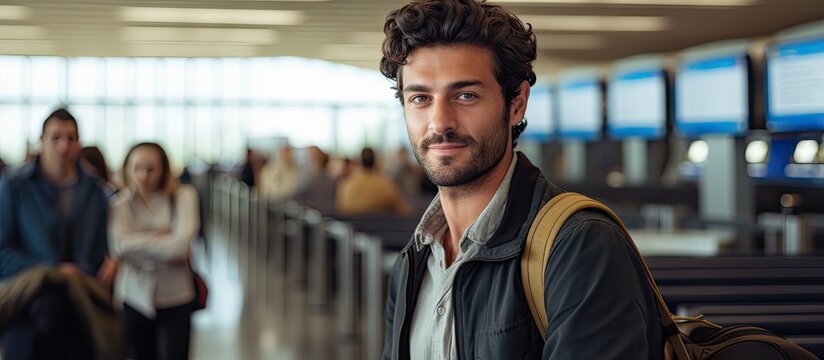 Young Middle Eastern male traveller posing at airport Arab man with luggage and documents smiling at camera in terminal copy space