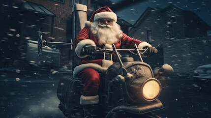 16:9 Photography Big muscular Santa Claus is Riding a chopper to deliver gifts on Christmas Day.generative ai - obrazy, fototapety, plakaty