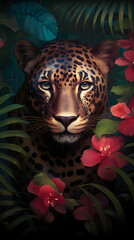 Illustration of an oil painting portrait of a leopard among roses and palm leaves -