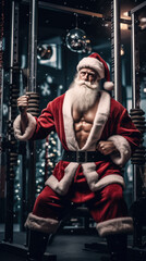 Fototapeta na wymiar 9:16 Photography Big muscular Santa Claus is pull up bar and exercise in preparation for sending gifts on Christmas Day.generative ai
