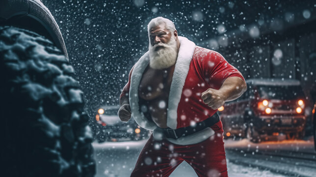 9:16 Photography Big muscular Santa Claus is run and exercise in preparation for sending gifts on Christmas Day.generative ai