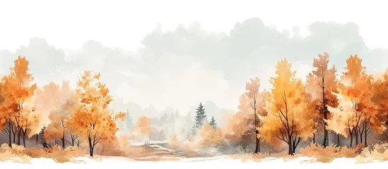 Deurstickers Fall themed watercolor painting of a picturesque forest with colorful trees and beautiful leaves showcasing an elegant and minimalist scenery in vintage pastel colors © AkuAku