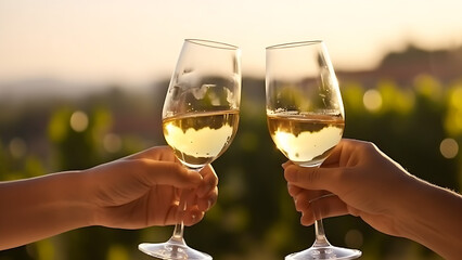 People holding white wine toasting.