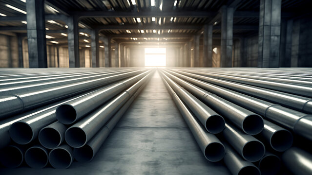 High quality steel pipes in stacks waiting for delivery in warehouse.