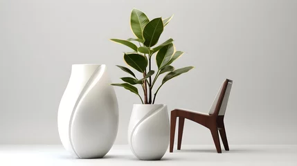 Fotobehang modern vase and interior plant pot furniture white background, plant in a vase © Baloch