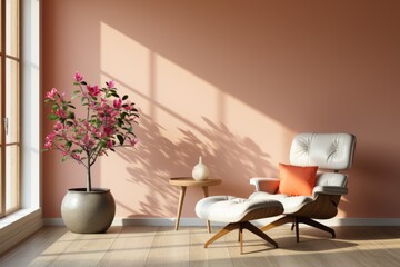 Coral Lounge Chair, Vibrant Potted Plant, Minimalist Home Interior Design, Ample Copy Space, Relaxation, and Modern Living in Harmonious Ambiance - Serene Modern Living Room