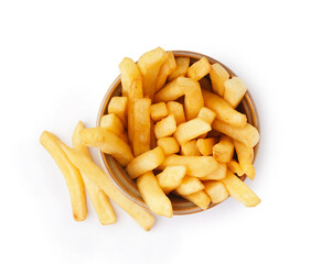 Bowl of tasty french fries on white background