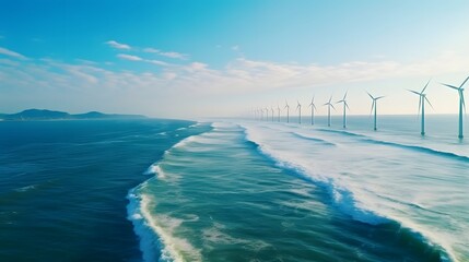 Windmill park in the ocean, drone aerial view of windmill turbines generating green energy electric, - obrazy, fototapety, plakaty