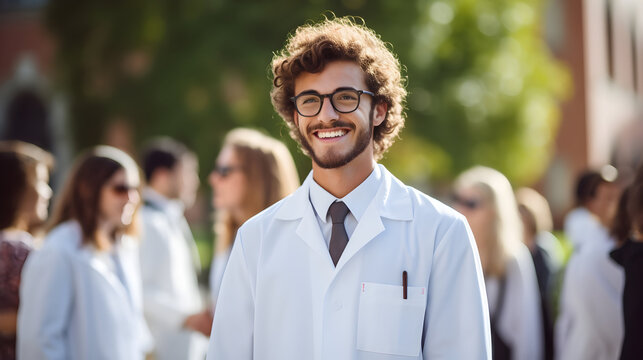 Close-up face of a young happy graduated Doctor or  Pharmacist.  A proud medical student, receiving a white coat during a ceremony. Healthcare professional. 