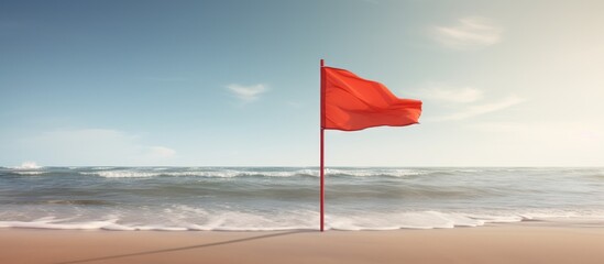 Red caution sign on the shore