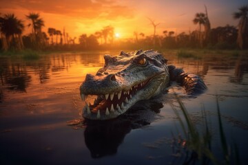 an eerie alligator creeping in shallow water during sunset. Generative AI - obrazy, fototapety, plakaty