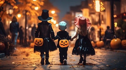 Kids in Halloween costumes playing on night city street, back view. The city streets at night are...