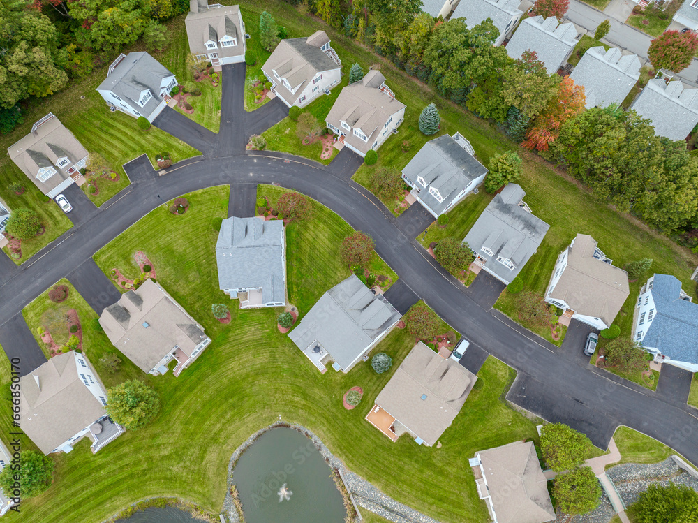 Wall mural aerial drone view of residential houses in suburban community