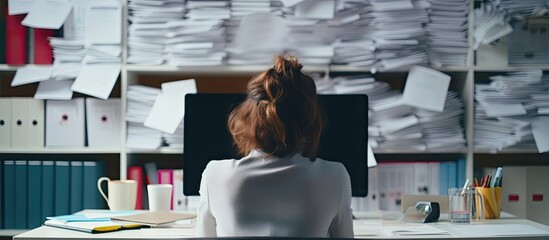 Modern woman in office experiencing headache with laptop and documents - obrazy, fototapety, plakaty
