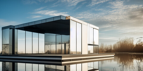 design of a modern mirrored house on the river bank
