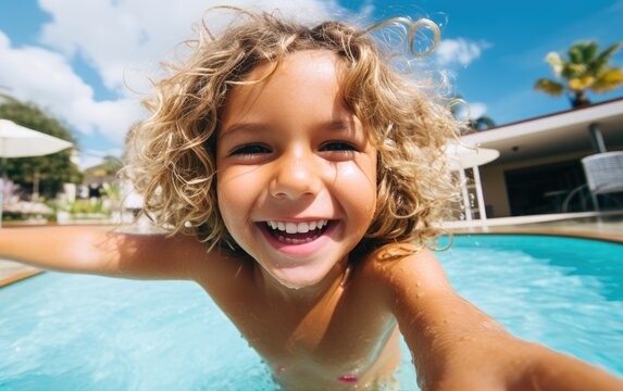 Happy little girl taking selfie in an outdoor swimming pool