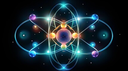  Exquisite representation of an atom's inner beauty with radiant orbs and intertwining rings in space.