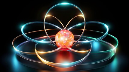 A mesmerizing atomic structure with glowing spheres and orbital paths set against a cosmic backdrop.