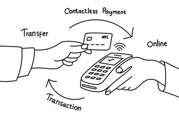 hand drawn illustration of contactless payment transaction using credit card outline vector - obrazy, fototapety, plakaty