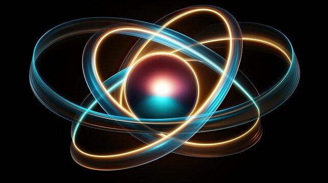 Futuristic atomic structure with intertwining luminous rings surrounding a radiant core, illustrating the wonders of quantum physics.