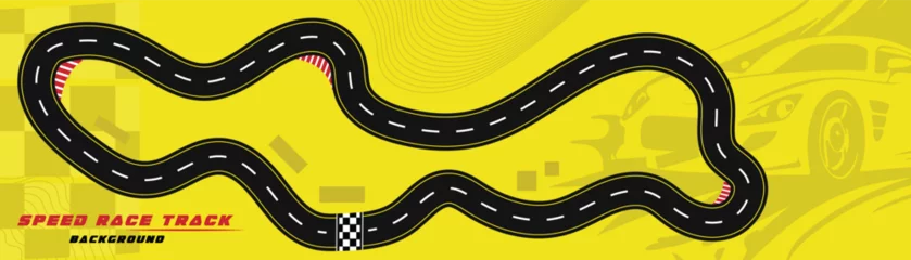 Poster Creative vector illusion of race track isolated on yellow background. Speed race track background design with sport car. © Parbat