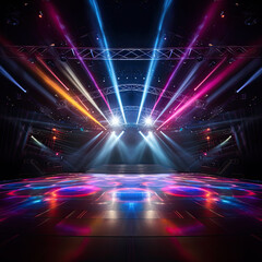 Fototapeta na wymiar Empty stage with colorful spotlights. Scene lighting effects.