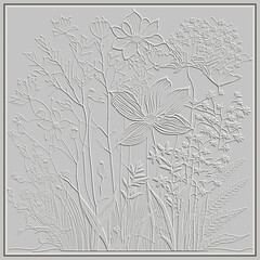 Wildflowers textured emboss 3d line art seamless pattern with square frame. Floral embossed relief background. 3d lines flowers, leaves, grass. Hand drawn surface plant ornament with embossing effect