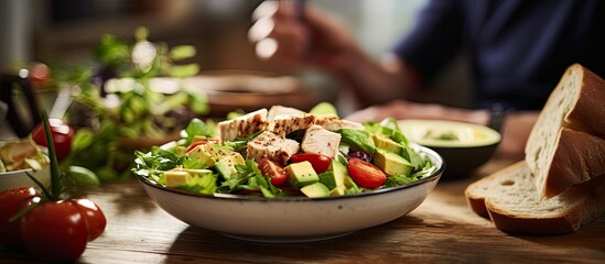 Man eating a healthy salad with chicken avocado sundried tomatoes and baguette during lunch break at a wooden table - obrazy, fototapety, plakaty