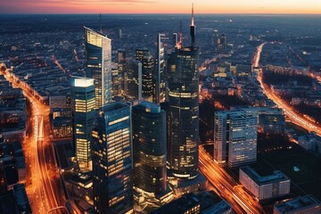 Aerial view of Warsaw's modern skyscrapers and business center; view of the city center from above in Warsaw, Poland. Generative AI - obrazy, fototapety, plakaty
