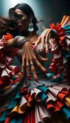 Fototapeta na wymiar Hands of a flamenco dancer, moving with grace and intensity over colourful dress close up