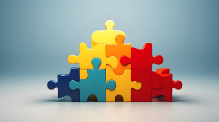 A minimalist concept of diverse generations as puzzle pieces fitting together, Teamwork unity puzzle in minimalism