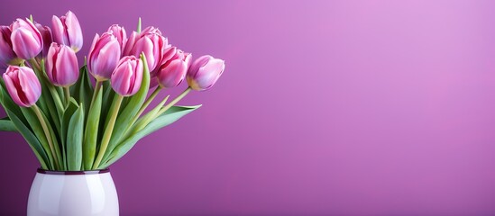 Fresh purple tulips in a glass vase against a purple wall