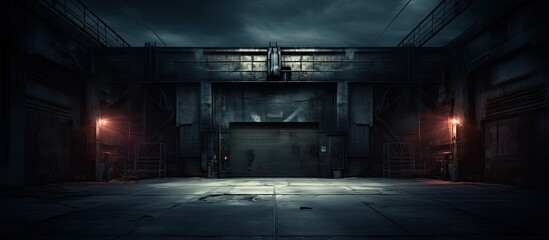Nighttime entrance to frightening city warehouse loading area