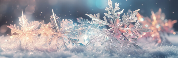 Sparkling crystal winter background. Detailed ice crystals, snowflakes and water drops for Christmas in bright pastel colors. Snowy landscape close up. Generative AI