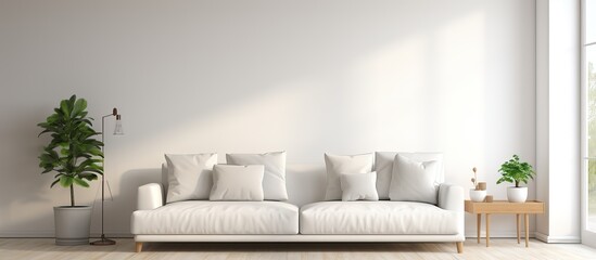 illustration of a Scandinavian interior design featuring a white room with a sofa
