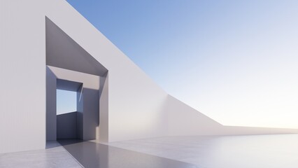 white abstract futuristic architecture on a flat floor, with sky background. 3D illustration render