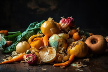 Unused, rotten veggies are disposed of in the trash. Food waste and food loss. Getting rid of food waste at home. Generative AI - obrazy, fototapety, plakaty