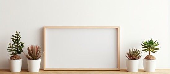 a mockup frame on wooden table with plants and vase